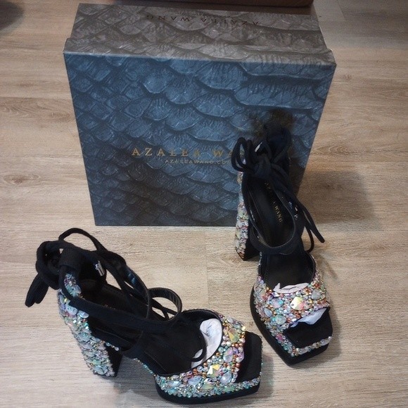 NIB Azalea Wang Brit Square Toe Strappy Platform Heel - Picture 2 of 16